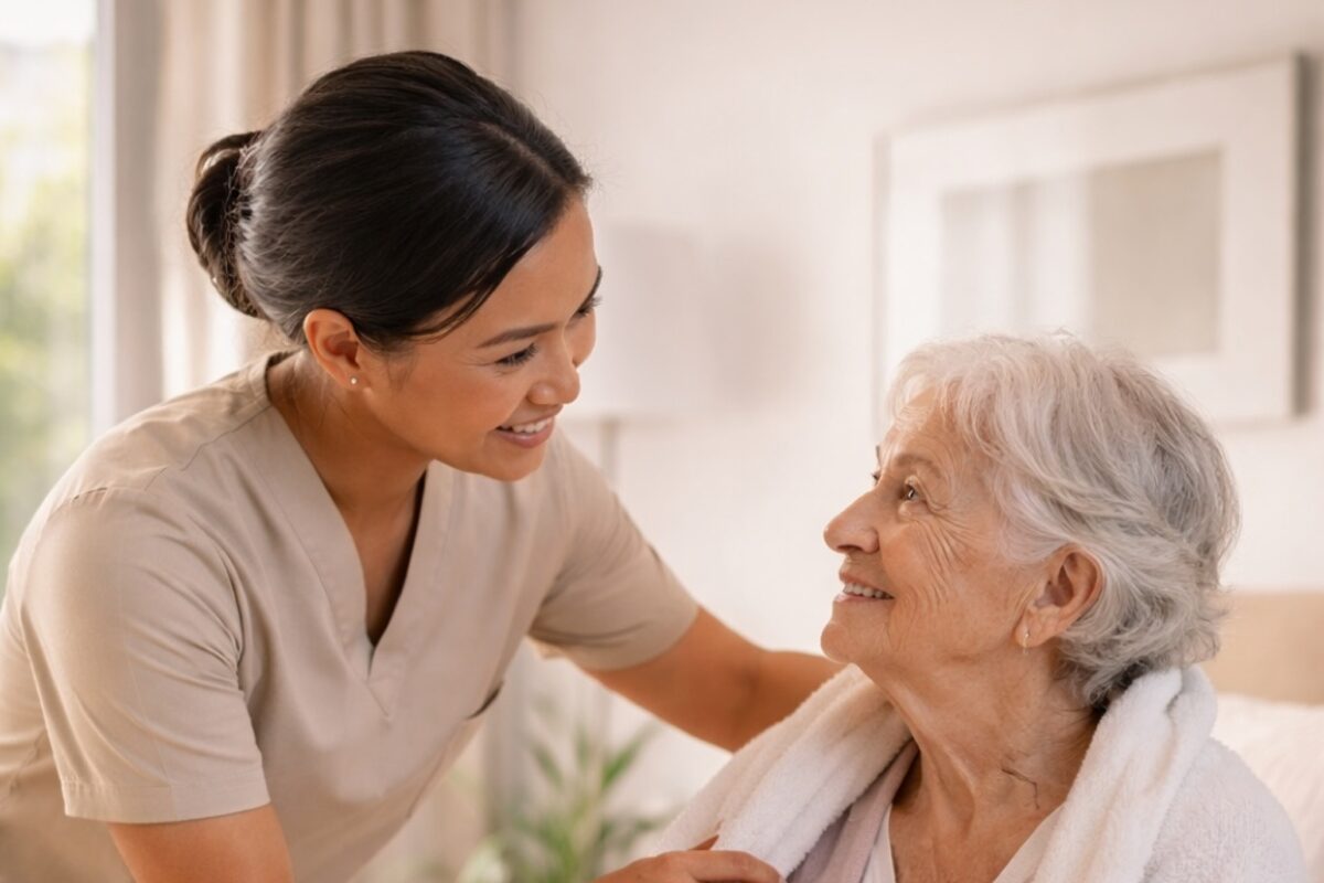 A Filipina caregiver in scrubs leaning in with a hand on the shoulder of a smiling older woman wrapped in a warm white towel robe, the two of them looking at each other in a bright bedroom
