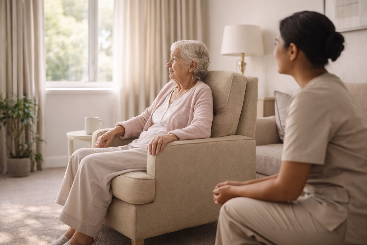 An older woman in a pale pink cardigan sitting in an armchair by a sunlit window, with a caregiver in scrubs seated on the sofa nearby, turned toward her