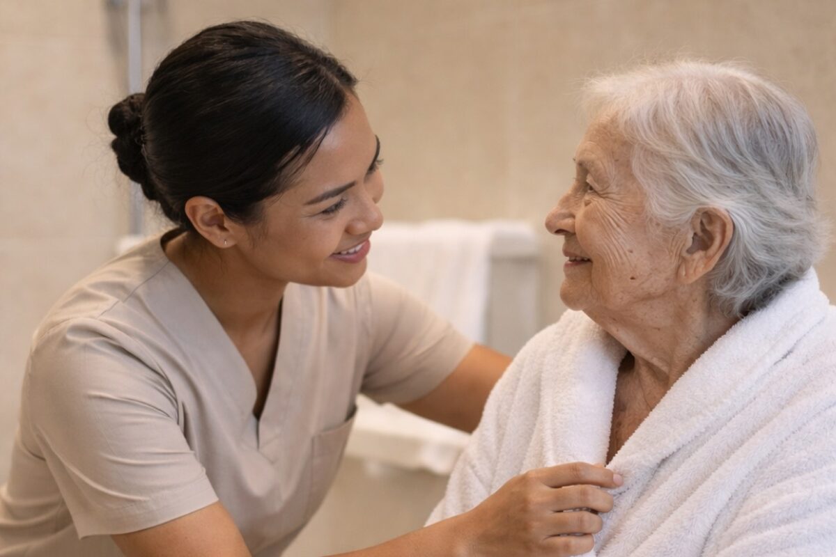 A Filipino caregiver in scrubs leaning in beside an older woman in a white robe after a bath, one hand drawing the robe closed at her shoulder