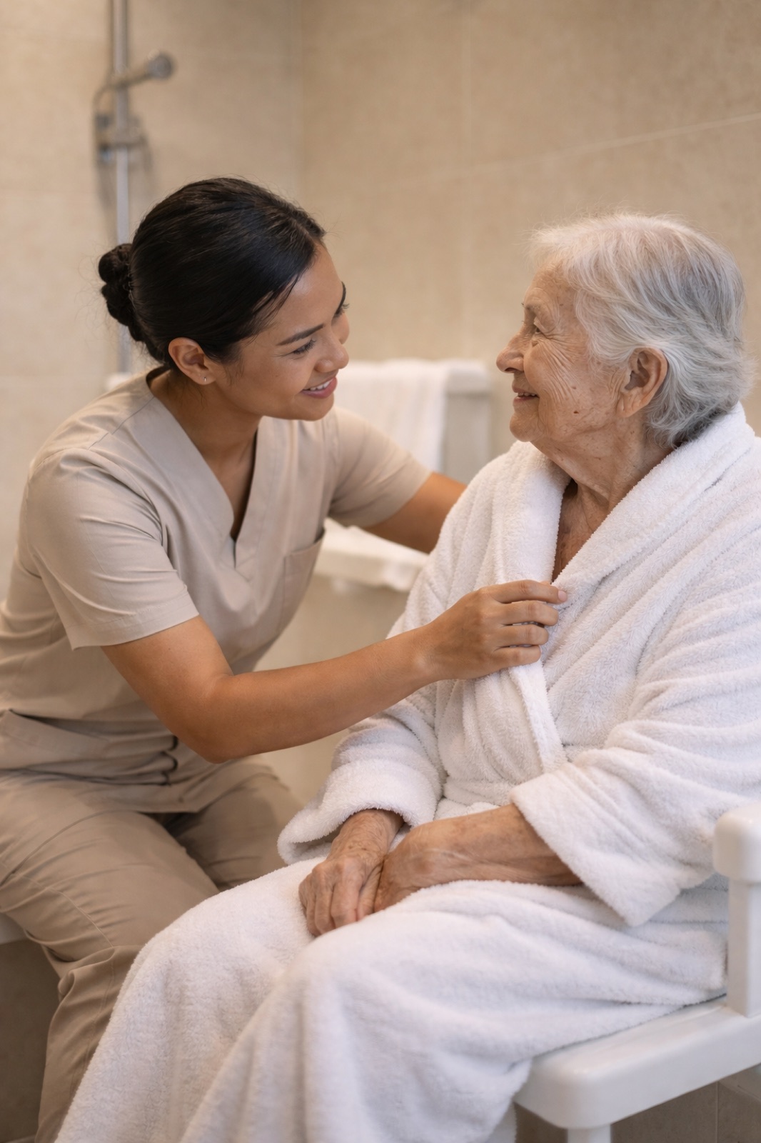 A caregiver gently assisting an older adult with personal care at home