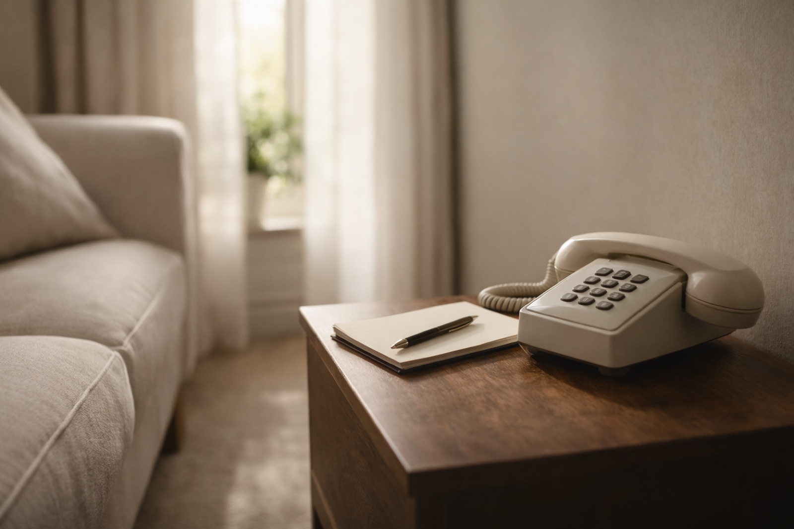 A quiet living room with a telephone and an open notebook and pen resting on a side table beside a sofa