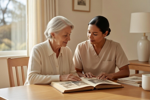 An older woman and her caregiver looking through a photo album together at a sunlit table