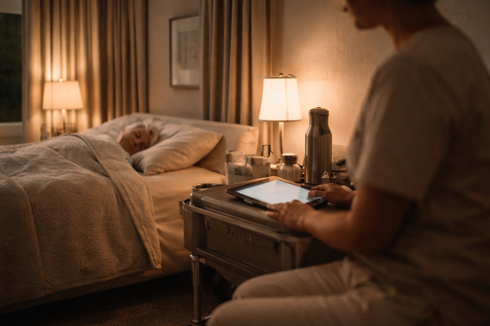 A caregiver keeping calm overnight presence in a softly lit room
