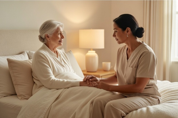 A caregiver sitting at an older woman's bedside in warm lamplight, holding her hand