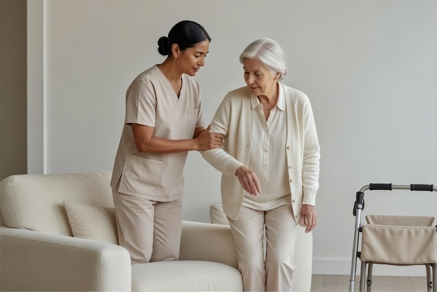 A caregiver steadying an older woman as she rises from her chair at home
